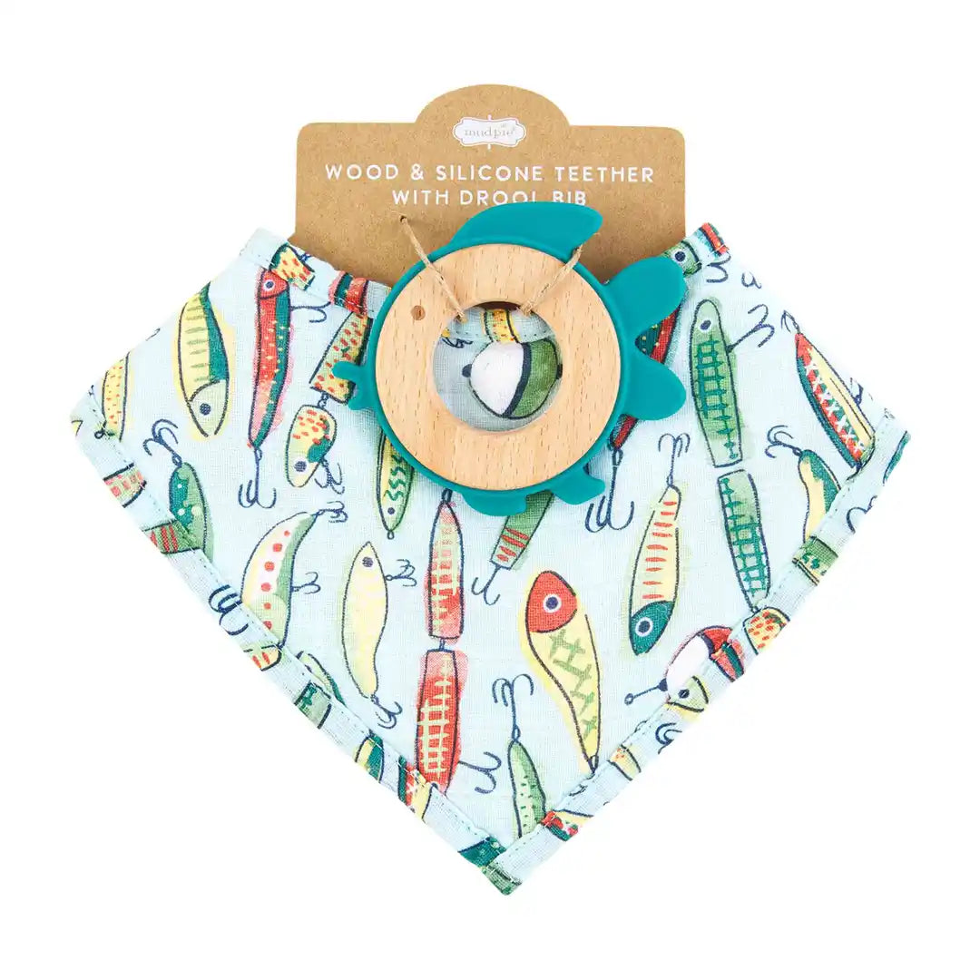 BLUE FISHING LURE BIB AND TEETHER SET