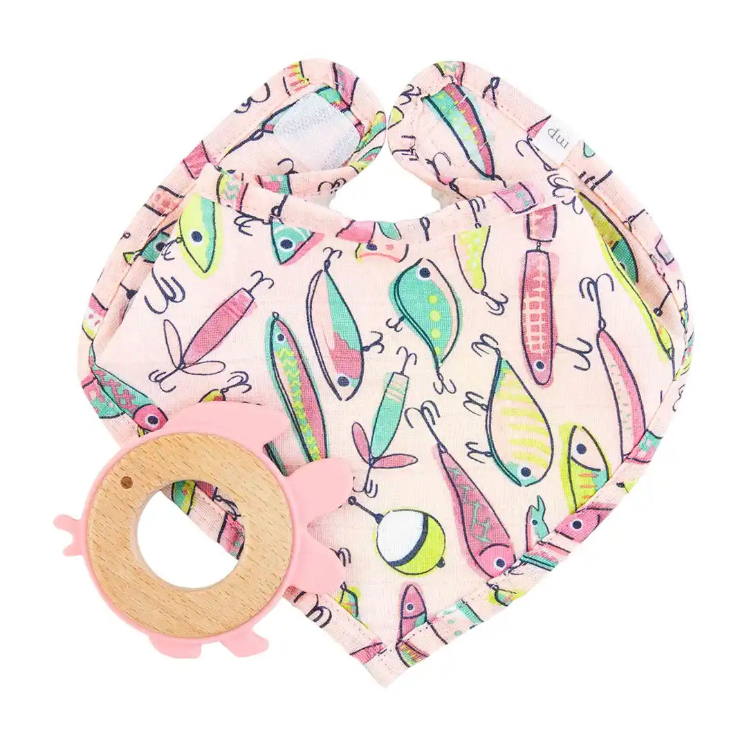 BLUE FISHING LURE BIB AND TEETHER SET