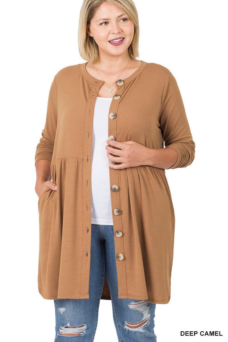 Curvy shirred waist buttoned cardigan