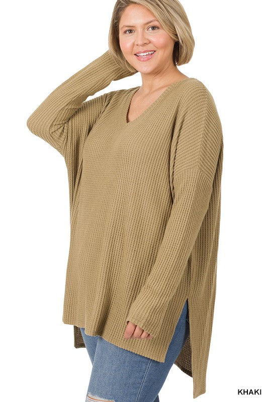 V-Neck Brushed Thermal Waffle Long Sleeve Shirt