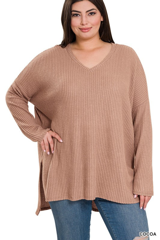 V-Neck Brushed Thermal Waffle Long Sleeve Shirt