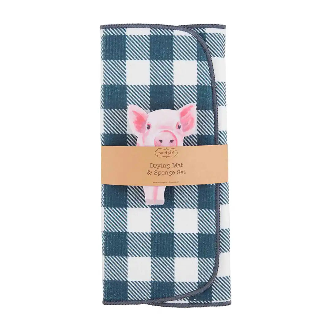 BLUE CHECK DRYING MAT AND SPONGE SET