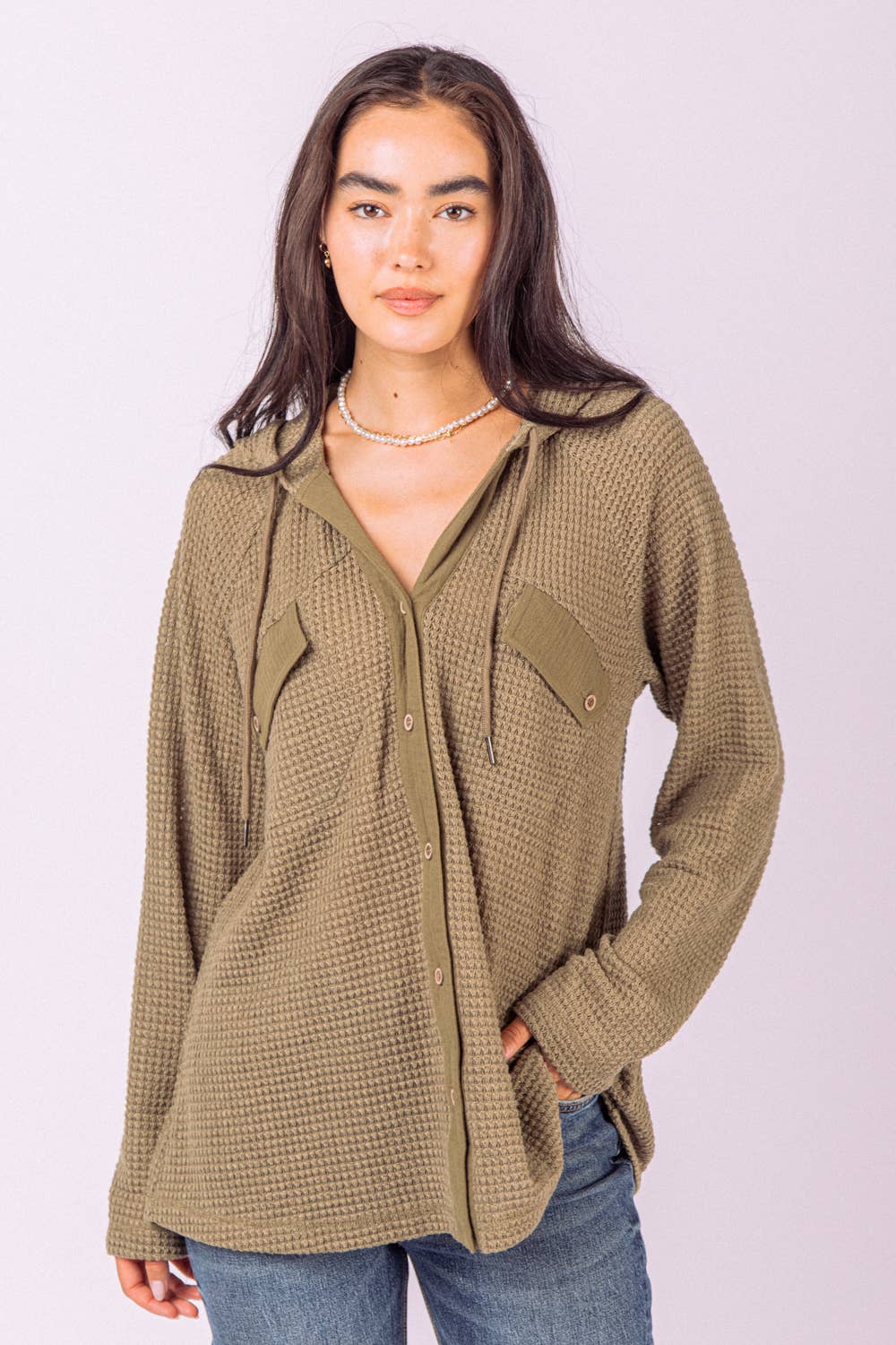 Curvy Hooded Waffle Button Up Knit Top