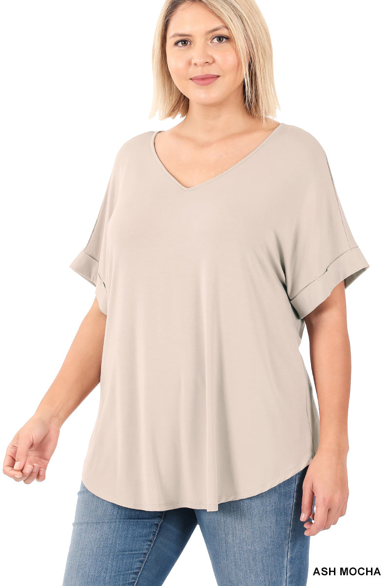 LUXE RAYON SHORT CUFF SLEEVE V-NECK TOP