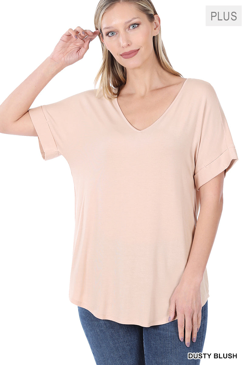 LUXE RAYON SHORT CUFF SLEEVE V-NECK TOP