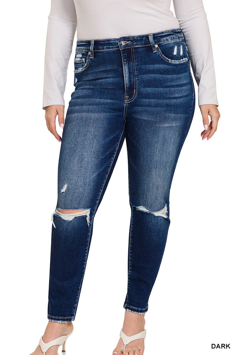 HIGH RISE DISTRESSED CROPPED SKINNY DENIM PANTS