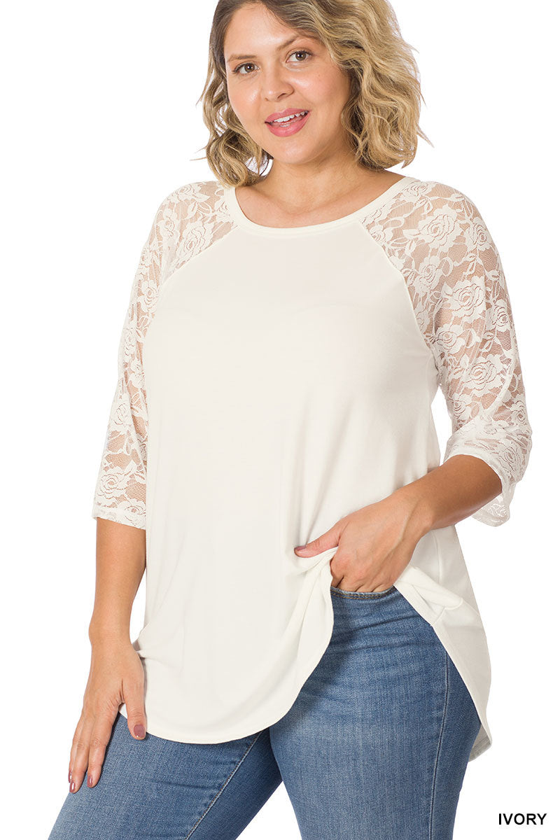 Curvy LACE HALF SLEEVE ROUND NECK & ROUND HEM TOP