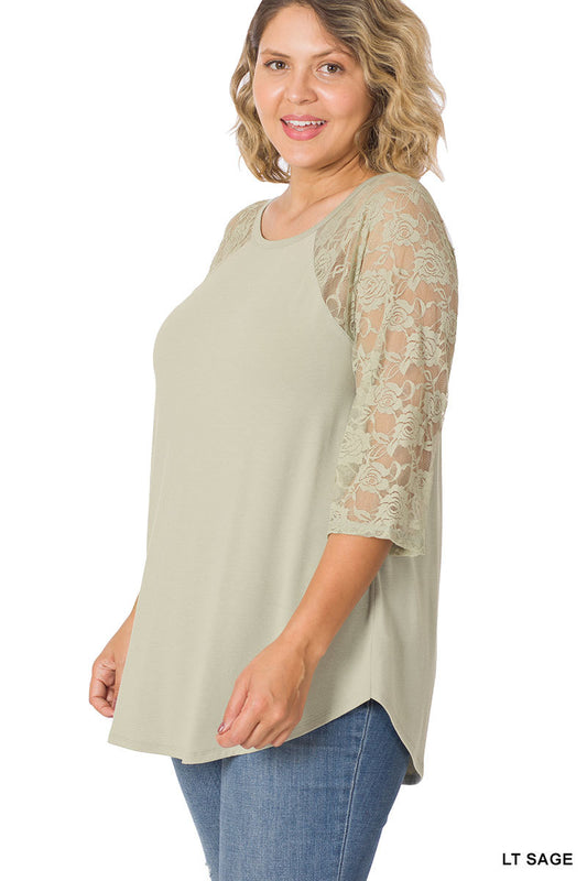 Curvy LACE HALF SLEEVE ROUND NECK & ROUND HEM TOP