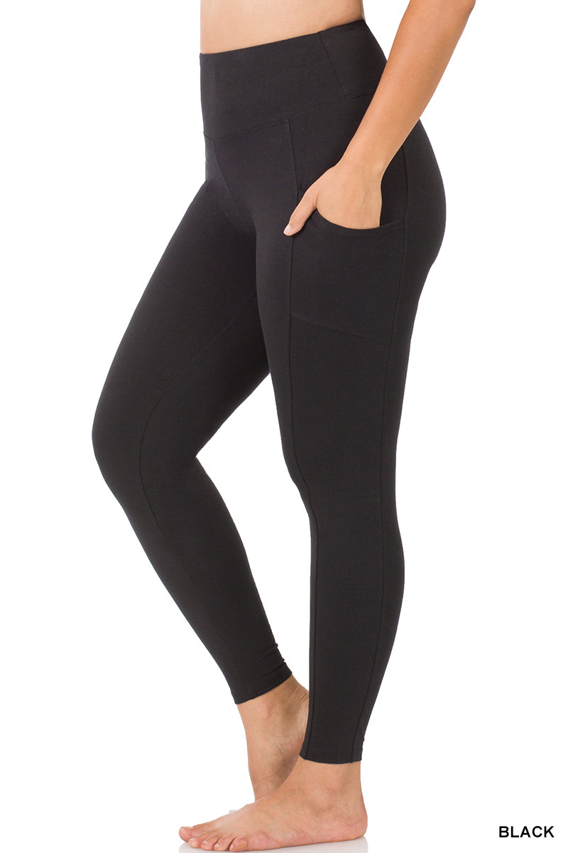 Curvy BETTER COTTON WIDE WAISTBAND POCKET LEGGINGS Black