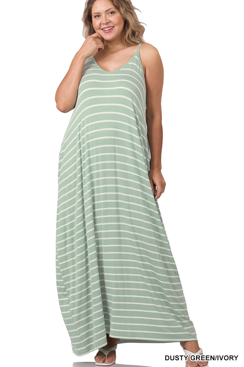 STRIPE CAMI MAXI DRESS WITH POCKET DUSTY / 2X STRIPE CAMI MAXI DRESS WITH POCKET DUSTY / 2X