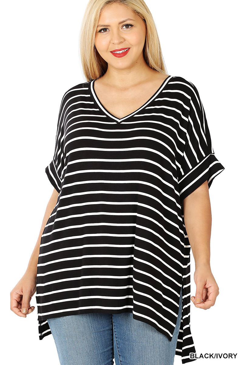 STRIPE ROLLED SHORT SLEEVE V-NECK TOP