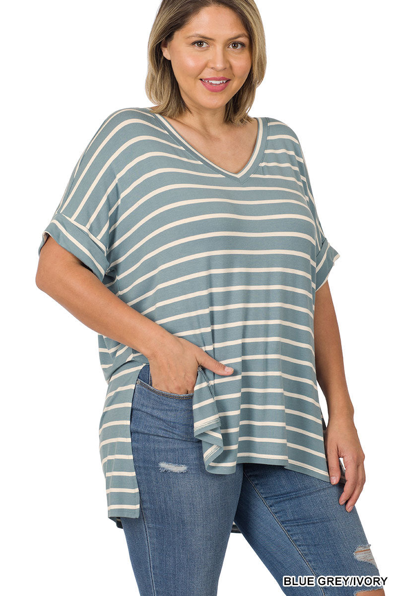 STRIPE ROLLED SHORT SLEEVE V-NECK TOP