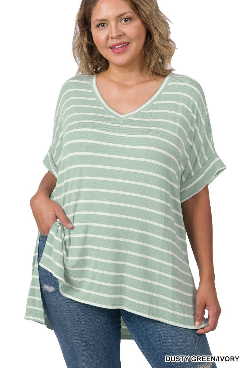STRIPE ROLLED SHORT SLEEVE V-NECK TOP