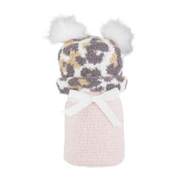 PINK LEOPARD BLANKET HAT SET