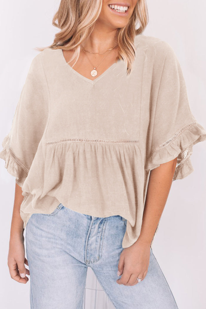 Ruffled Crochet Trim V-Neck Top