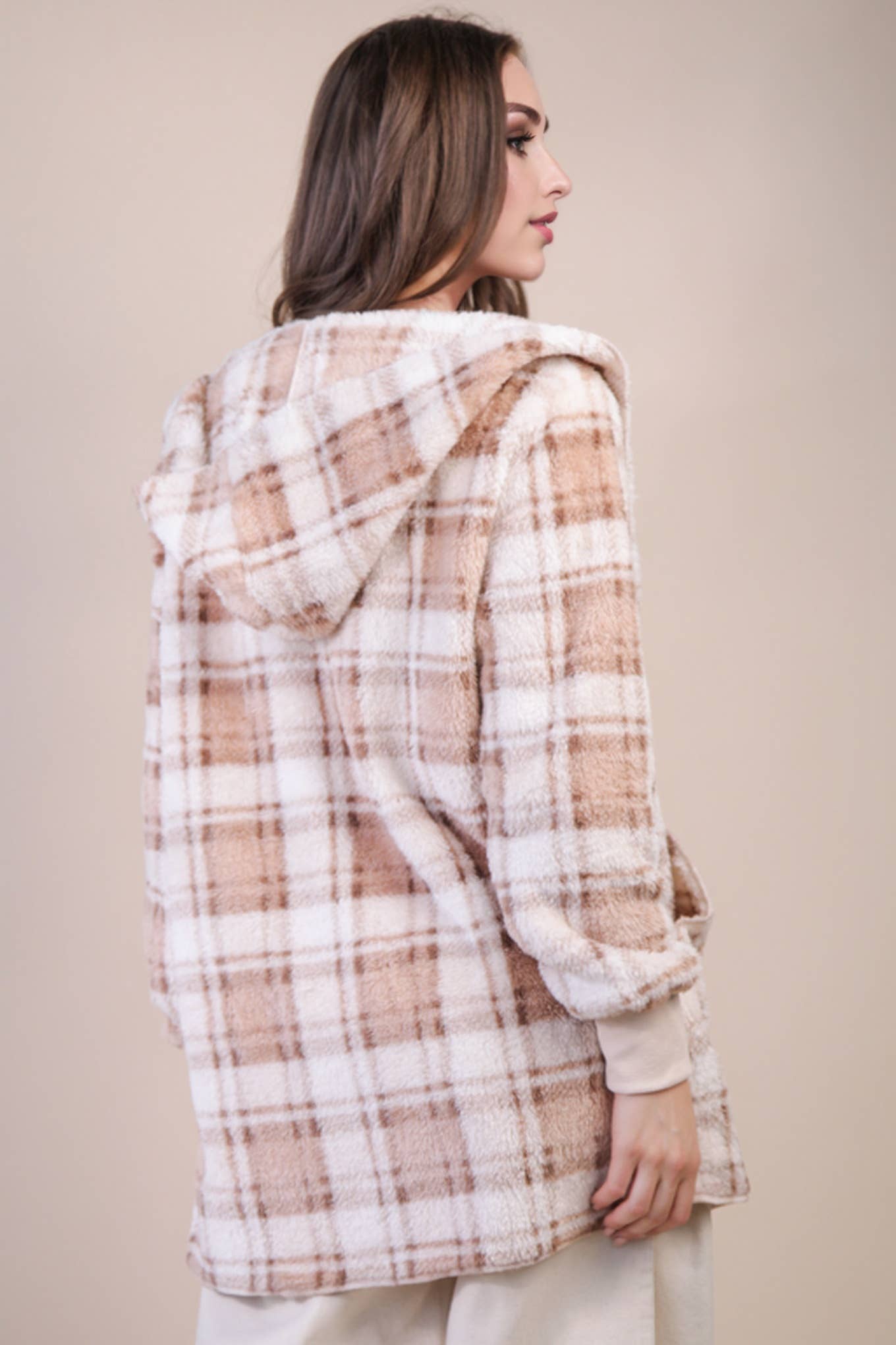 Oversized Faux Fur Tunic Hooded Printed Jacket: CAMEL MIX