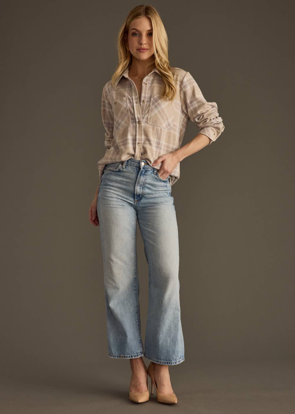 Tan, Mauve & White Plaid Button Up