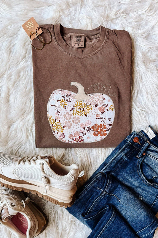 Fall Floral Appliqué Pumpkin Tee - Espresso