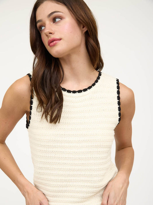 Contrast Trim Crochet Knit Sleeveless Sweater Top