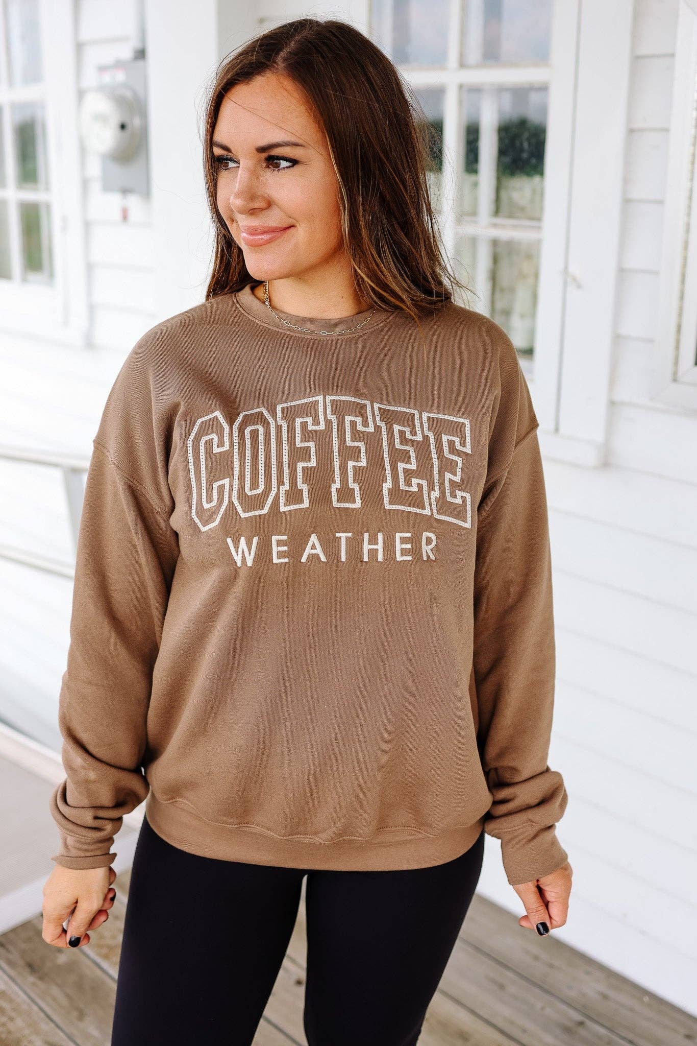 Embroidered Coffee Weather Graphic Sweatshirt Vintage Brown