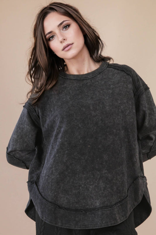 PLUS SIZE Black Mineral Washed Contrast Knit Top