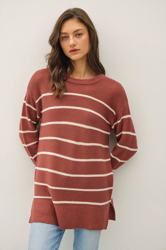 Brick STRIPED SWEATER TUNIC TOP WITH SLIT AT HEMLINE