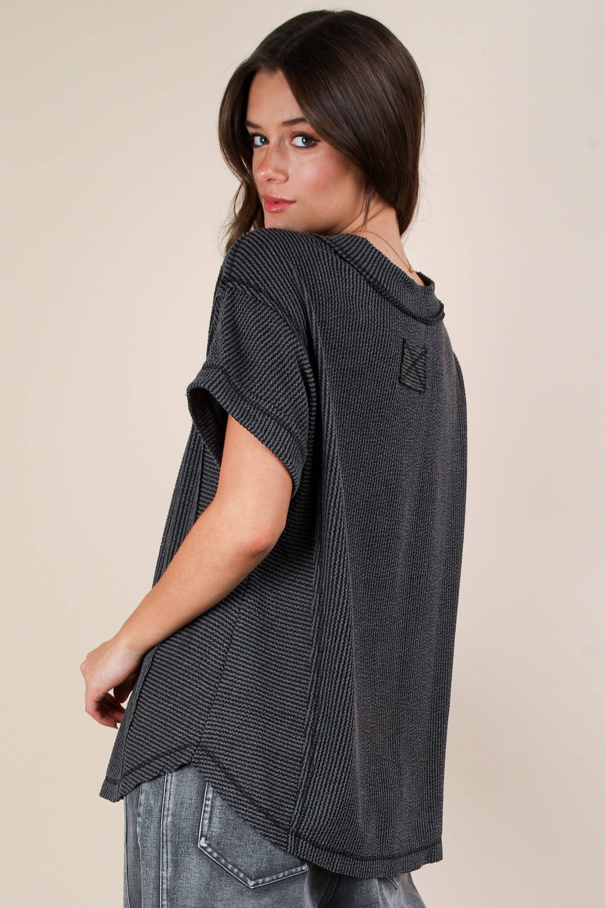 PLUS SIZE Soft Two Tone Casual Comfy Ribbed Knit  CHARCOAL
