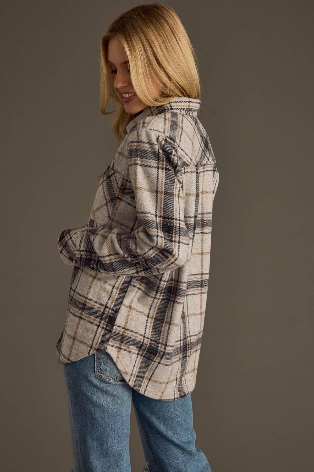 Black, Lt. Gray & Brown Plaid Button Up