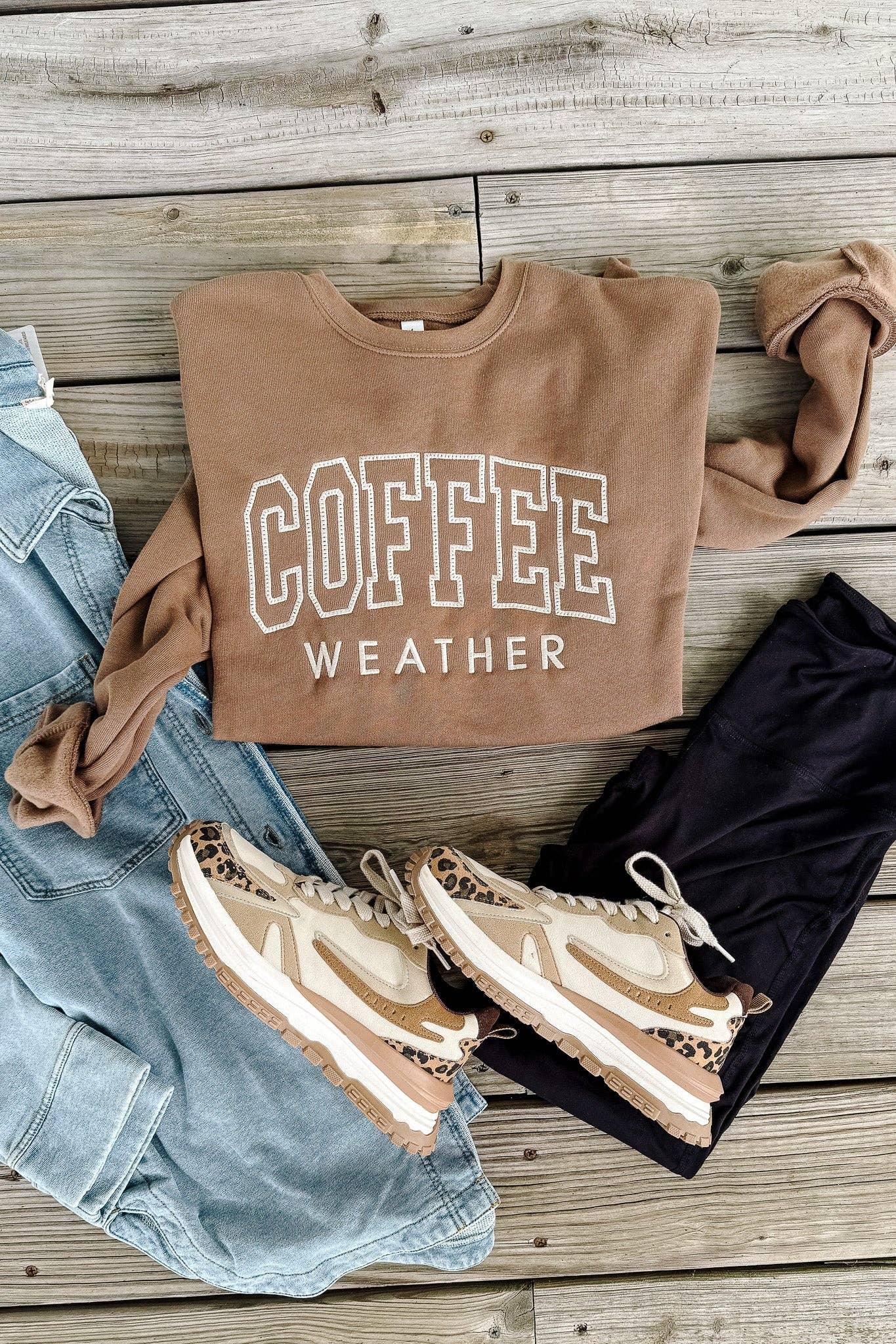 Embroidered Coffee Weather Graphic Sweatshirt Vintage Brown