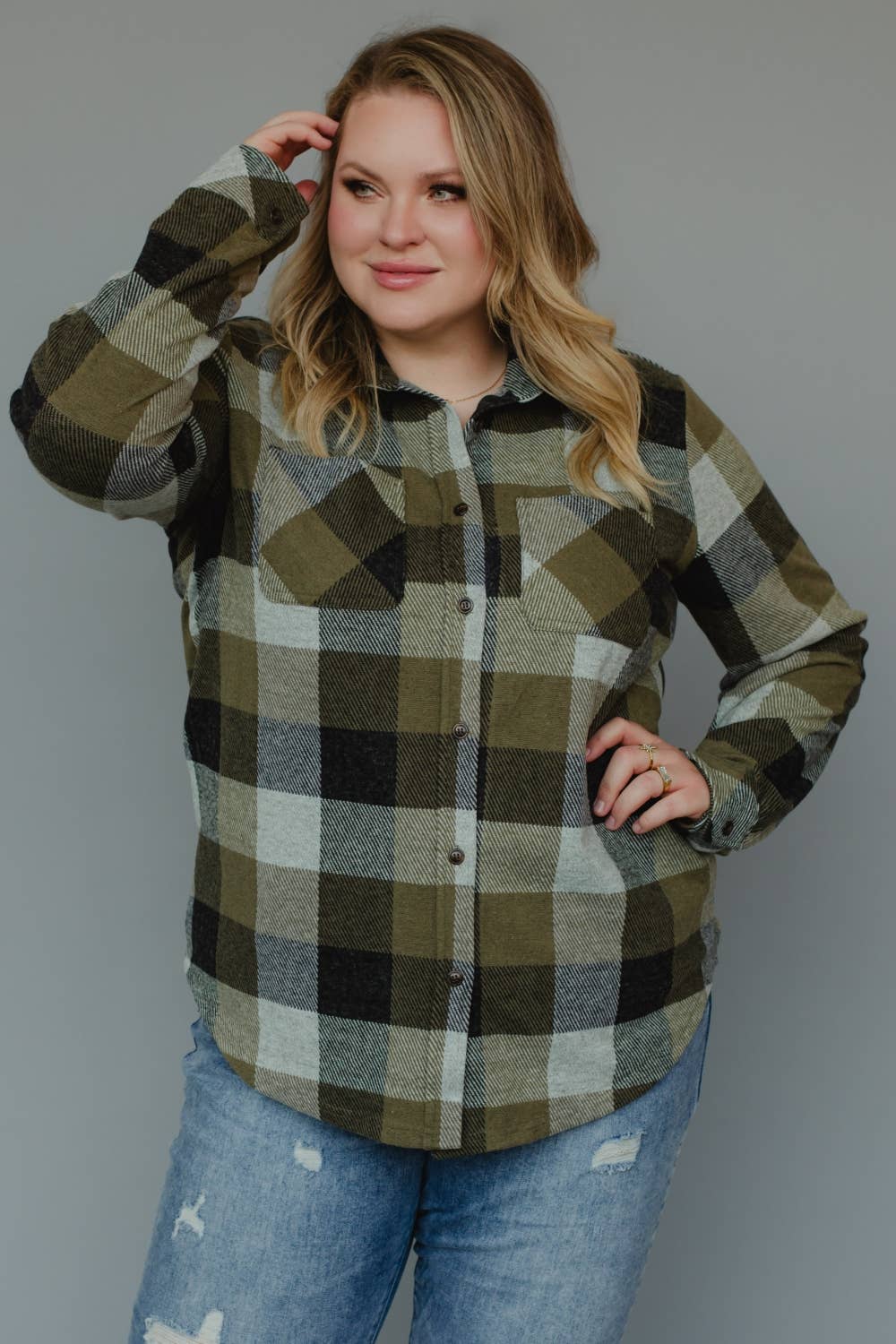 XXL Olive & Black Plaid Button Up