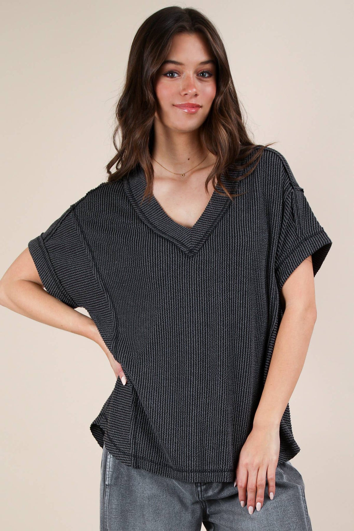 PLUS SIZE Soft Two Tone Casual Comfy Ribbed Knit  CHARCOAL