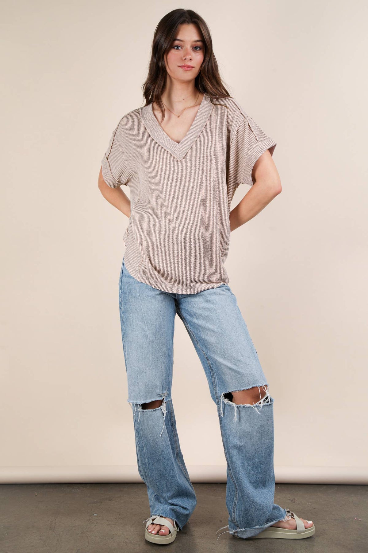 PLUS SIZE Soft Two Tone Casual Comfy Ribbed Knit  CHARCOAL