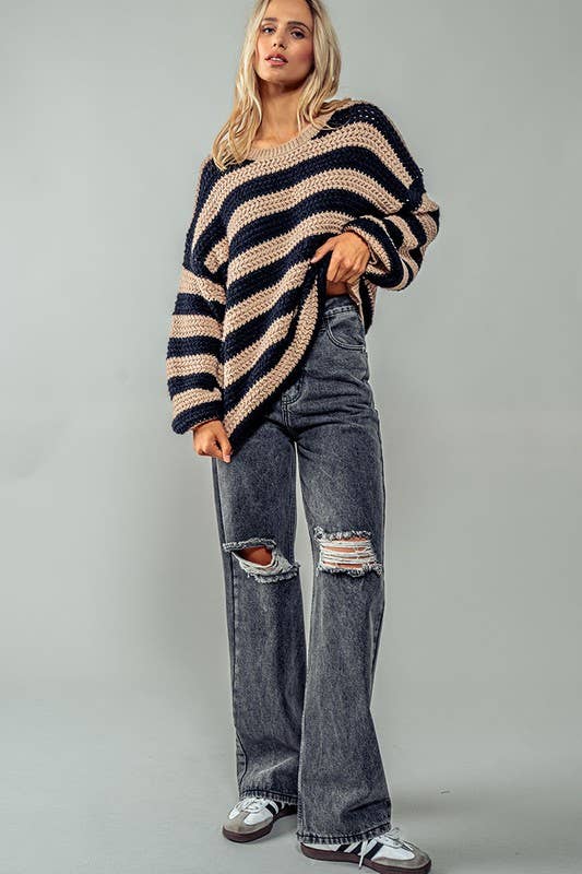 Striped Interlaced Sweater : TAUPE