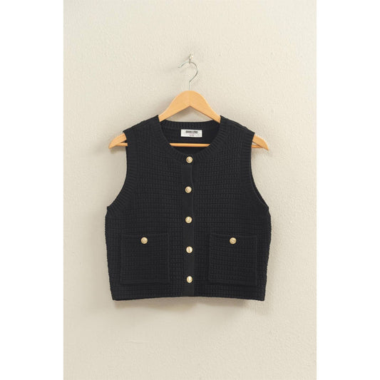 Textured Button-Front Vest With Pocket