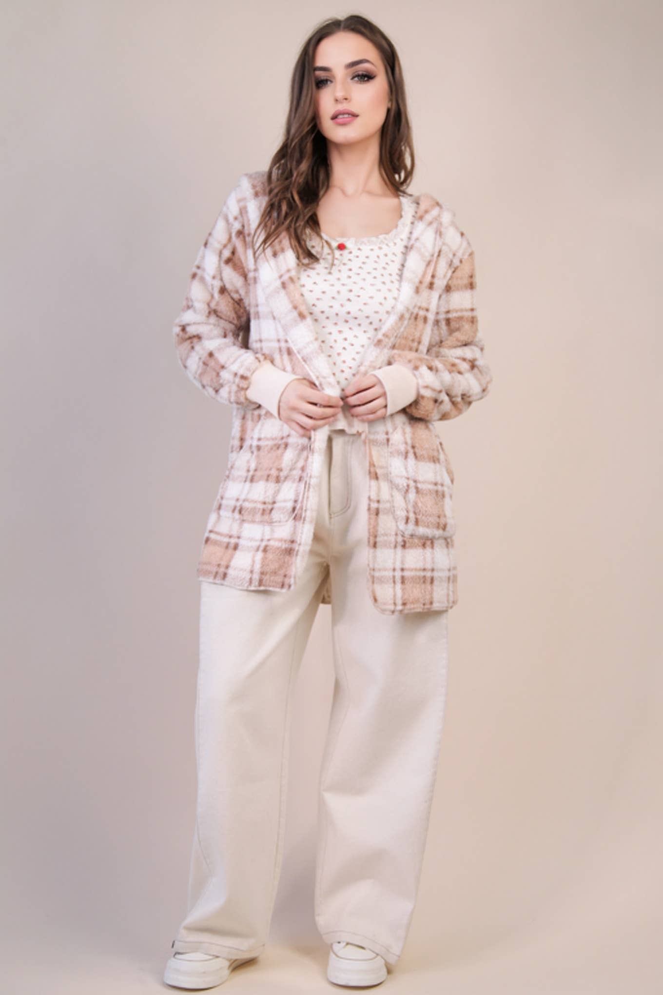 Oversized Faux Fur Tunic Hooded Printed Jacket: CREAM MIX