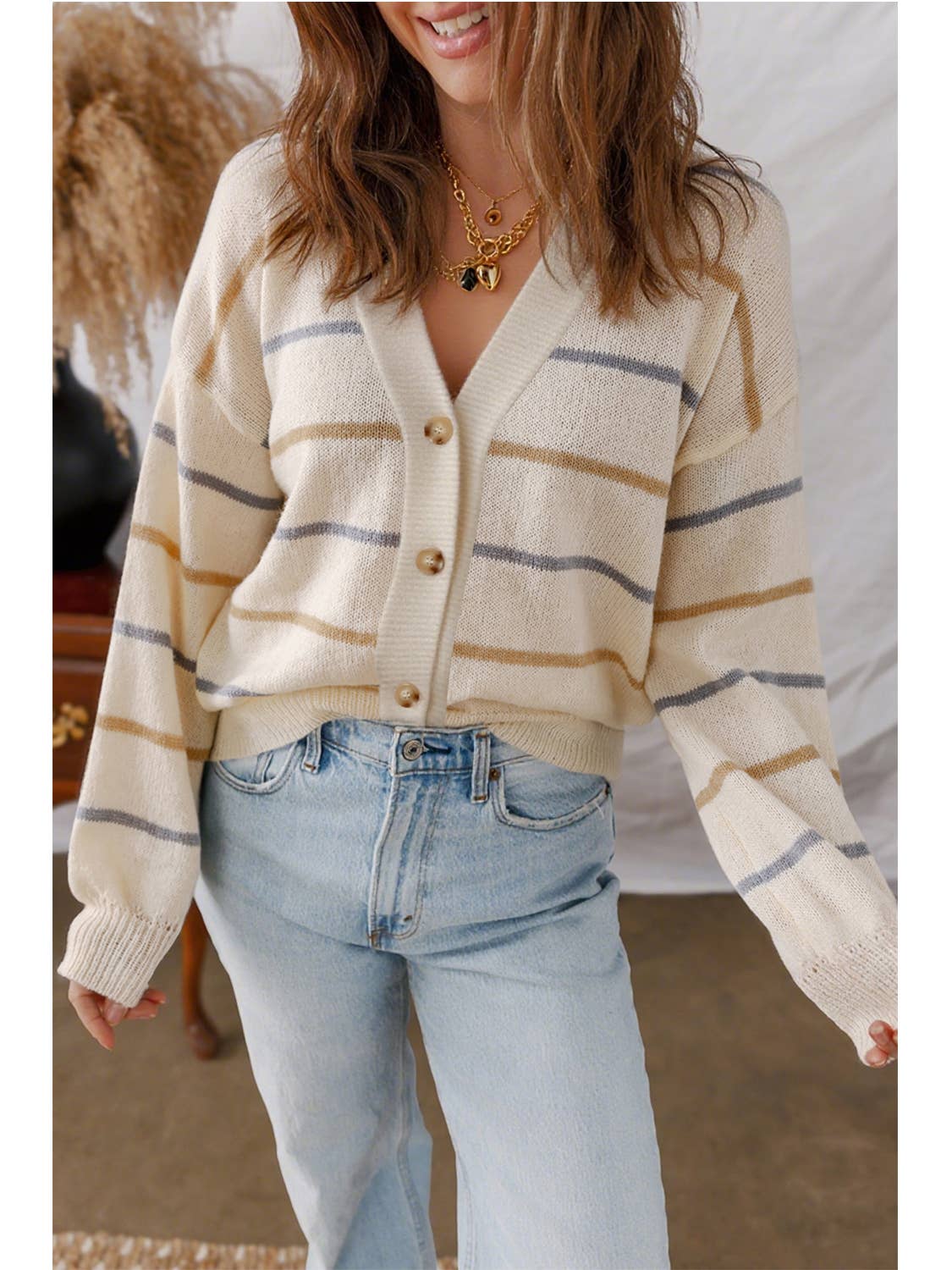 Multicolour Striped Button V Neck Cardigan