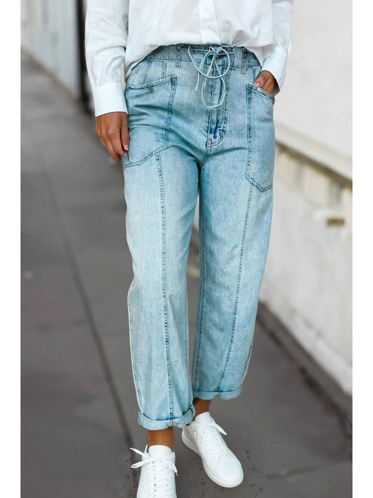 Casual Exposed Stitch Detail Drawstring Jeans