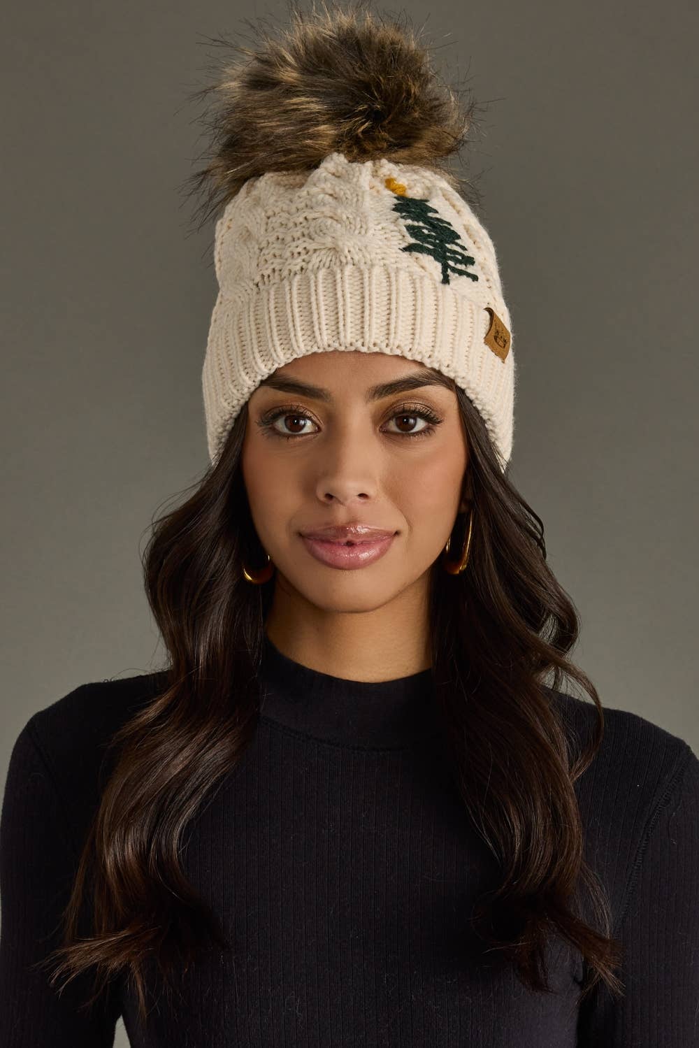 Beige Cable Knit Pom Hat w/ Embroidered Tree