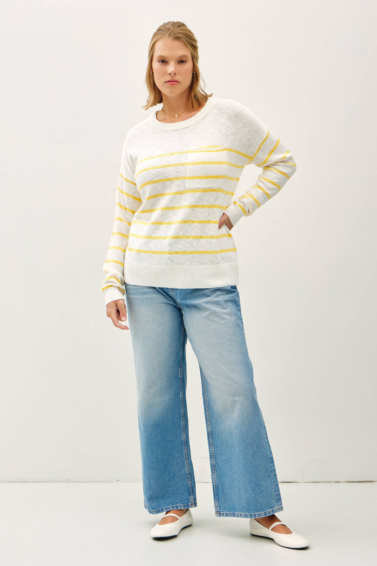 Plus Size Lightweight Striped Sweater:Yellow
