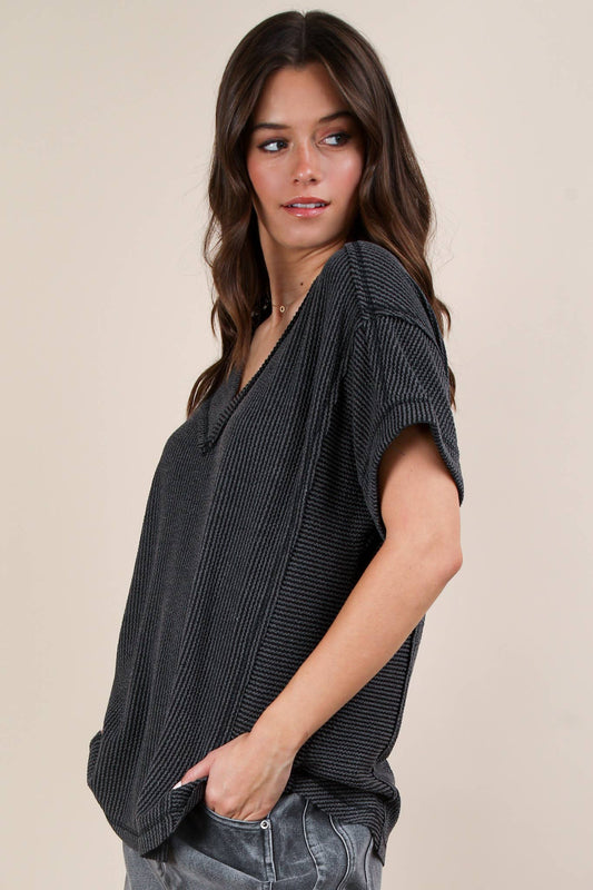 PLUS SIZE Soft Two Tone Casual Comfy Ribbed Knit  CHARCOAL