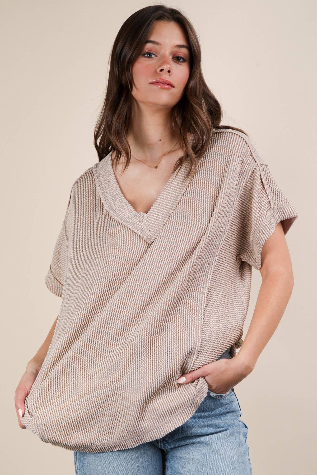 PLUS SIZE Soft Two Tone Casual Comfy Ribbed Knit  CHARCOAL