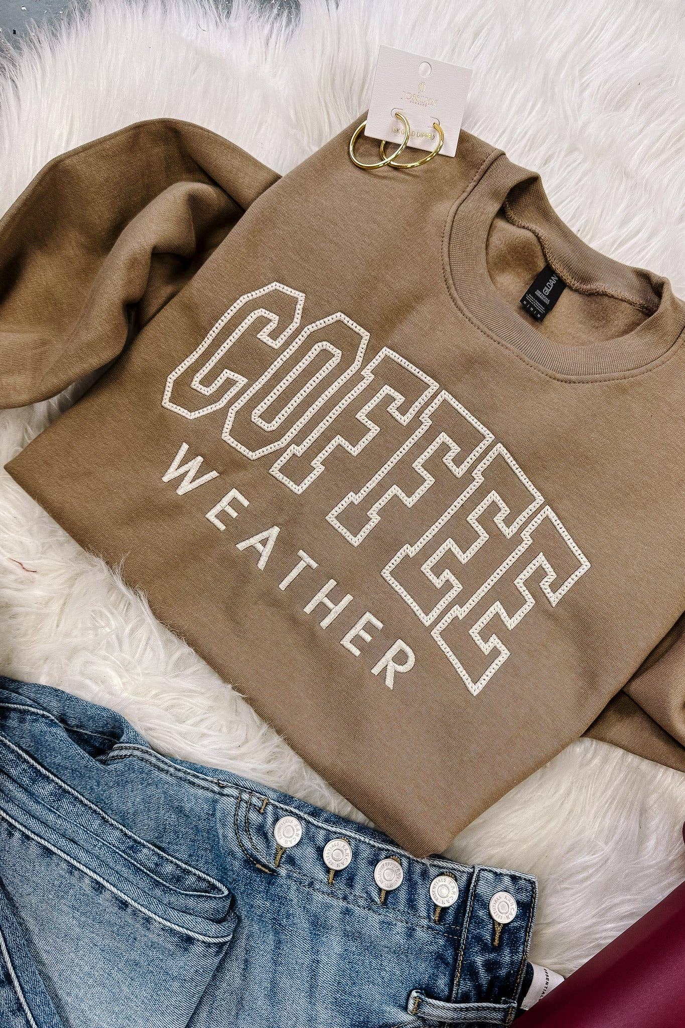 Embroidered Coffee Weather Crewneck Sweatshirt Brown