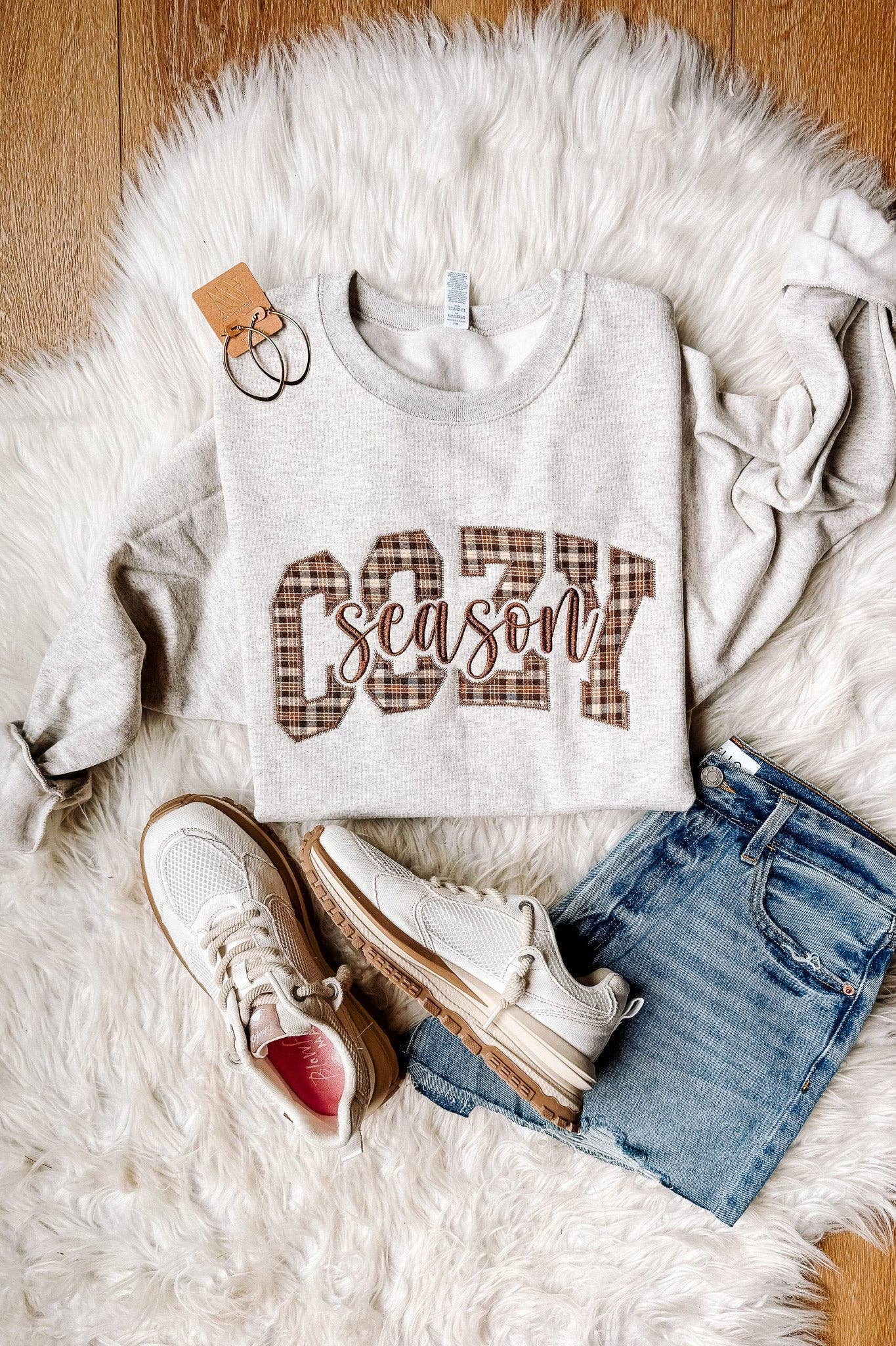 Cozy Season Appliqué Plaid Embroidered Sweatshirt