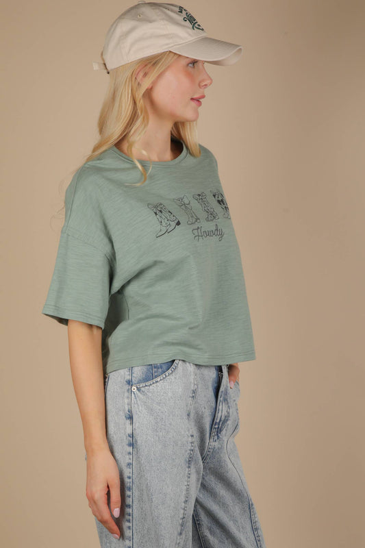 Screen Print Graphic Casual Knit T shirt: SAGE