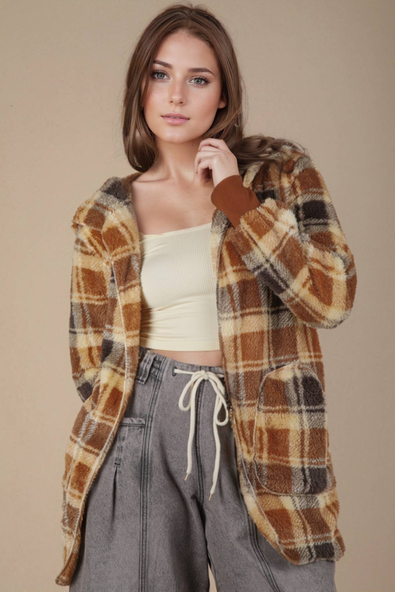 PLUS SIZE Faux Fur Tunic Hooded Printed Jacket: CAMEL MIX