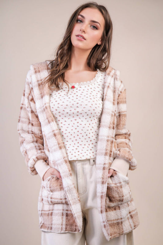 PLUS SIZE Faux Fur Tunic Hooded Printed Jacket: CREAM MIX