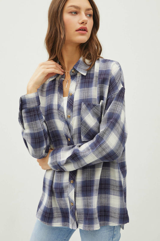 PLAID FLANNEL LONG SLEEVE BUTTON DOWN SHIRT