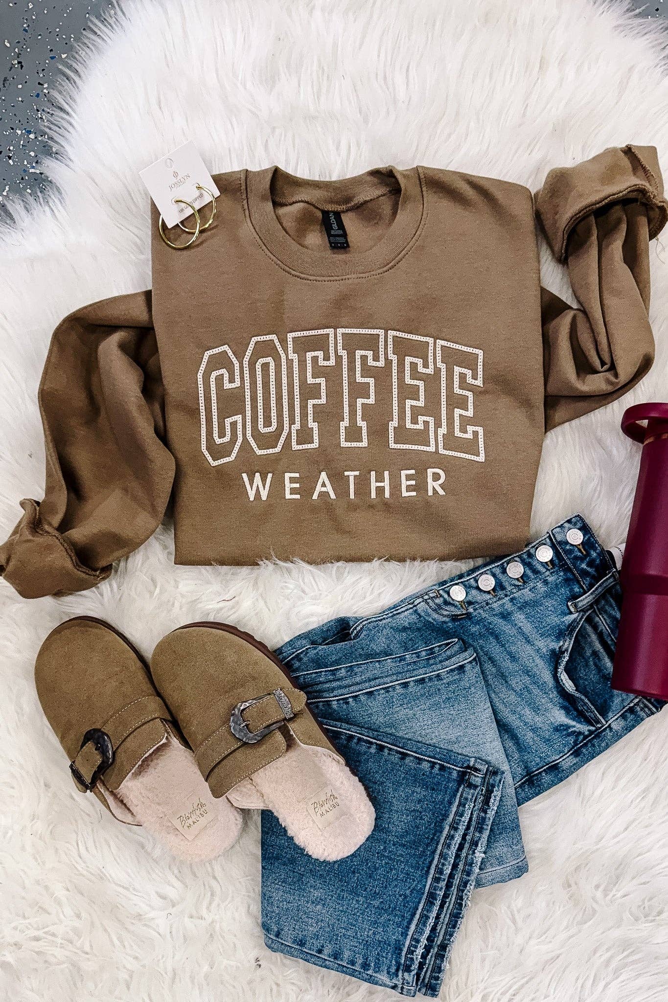 Embroidered Coffee Weather Crewneck Sweatshirt Brown