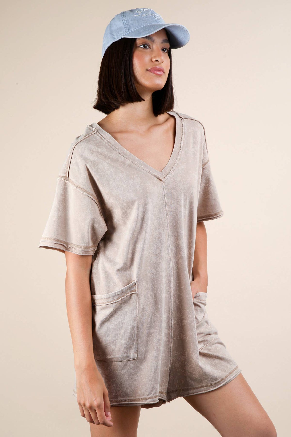 Mineral Washed Oversized Casual Knit Romper: TAUPE