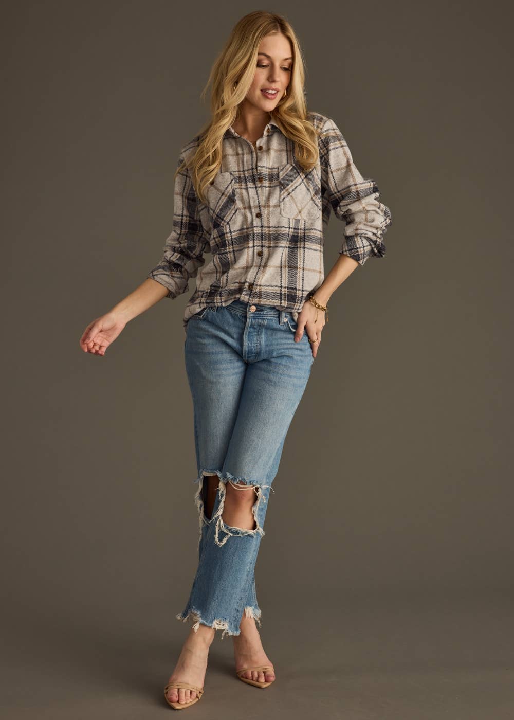 Black, Lt. Gray & Brown Plaid Button Up